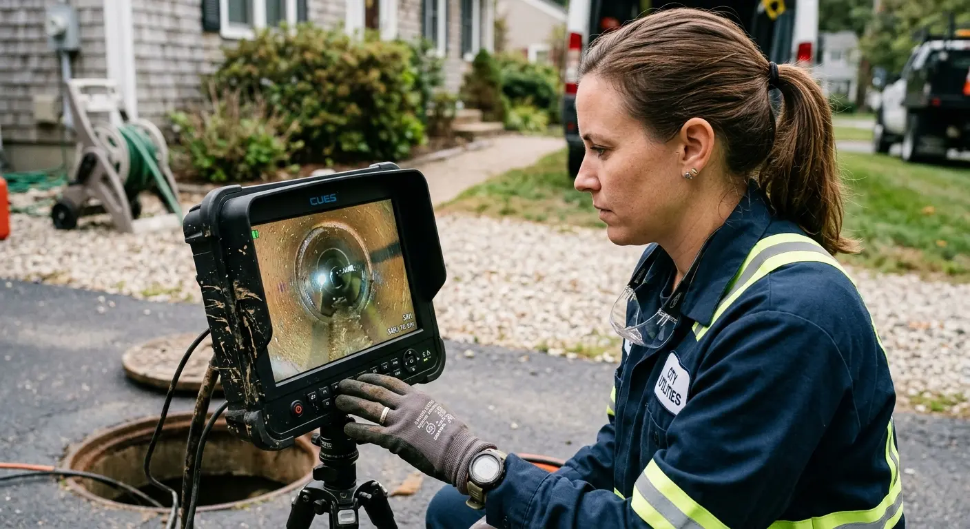 Technician reviewing sewer camera inspection footage in Ayer
