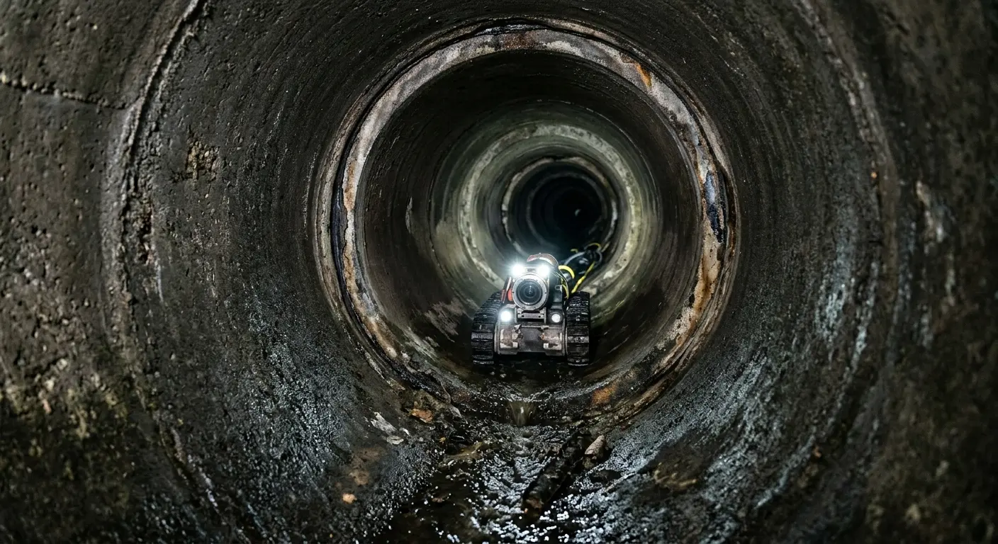 Robotic sewer camera inspecting pipe interior for Sewer Line Cleaning in Ayer