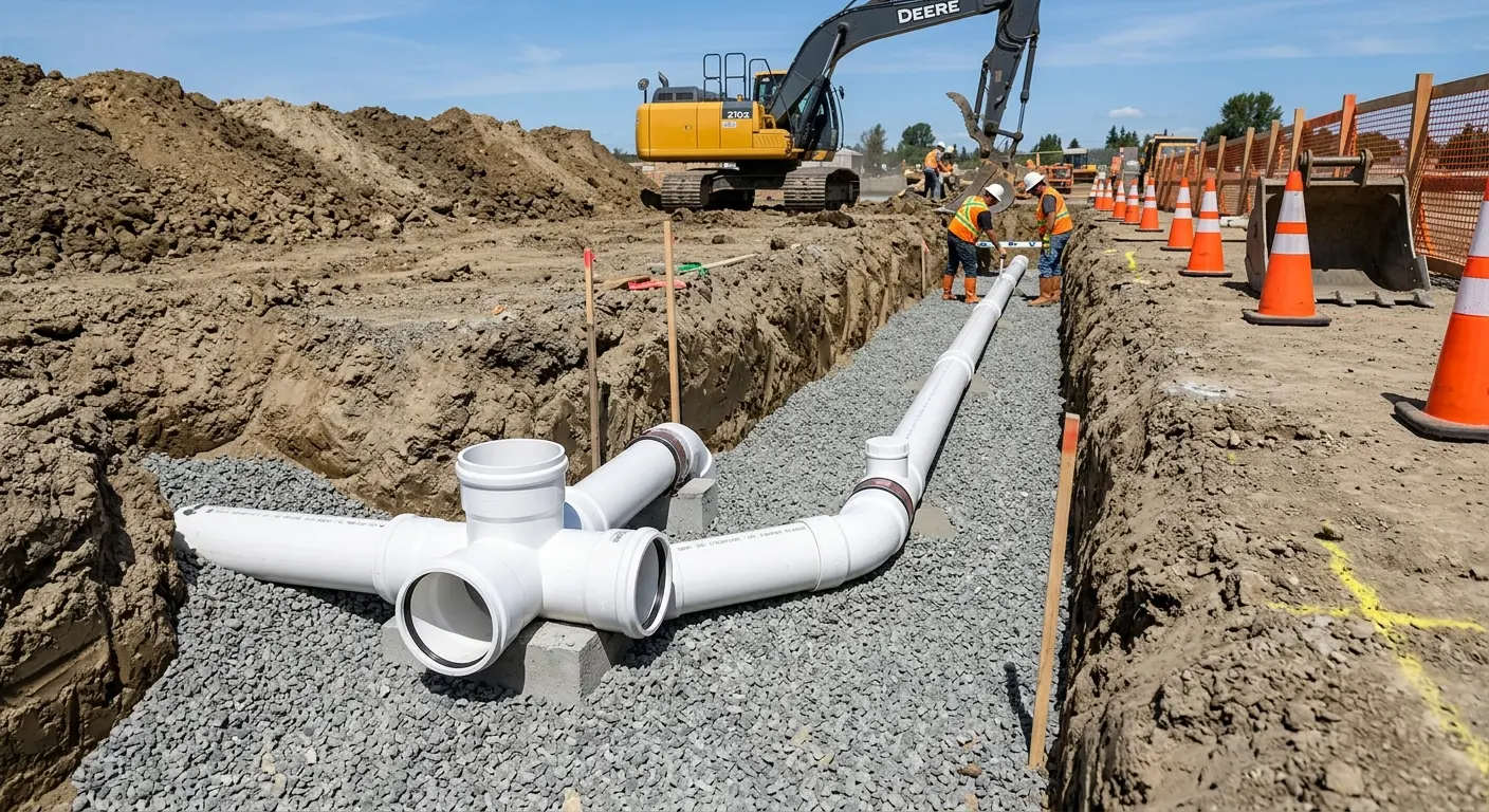 New PVC sewer pipe installation in open trench for Commercial Drain Cleaning in Ayer