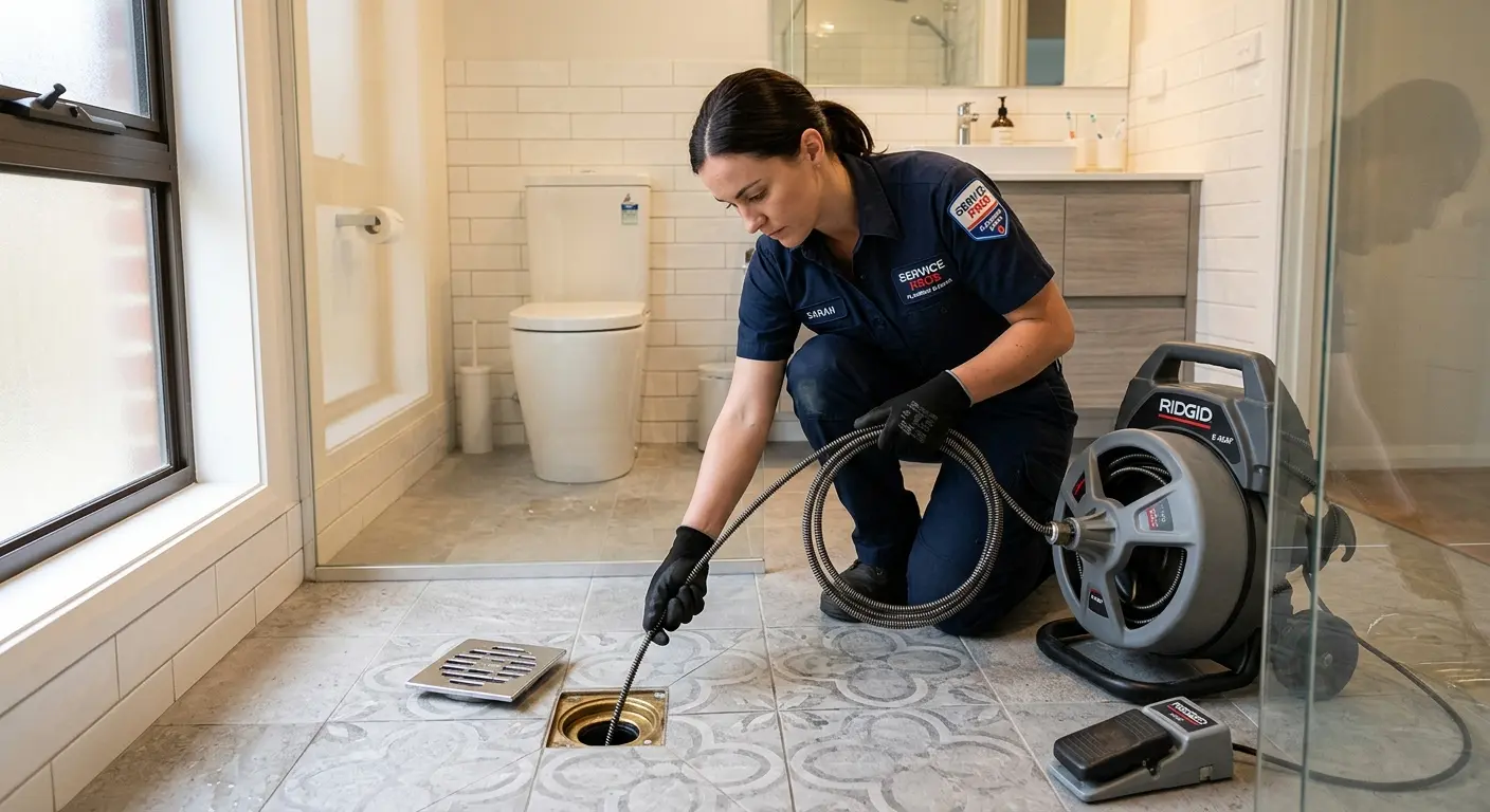 Technician clearing a bathroom floor drain for Sewer Line Replacement in Ayer